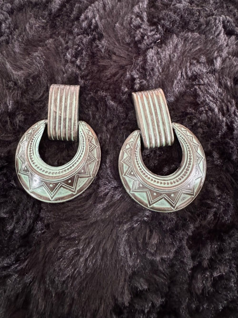 Bohemian Engraved Hoop Drop clip Earrings - Verdigris Patina